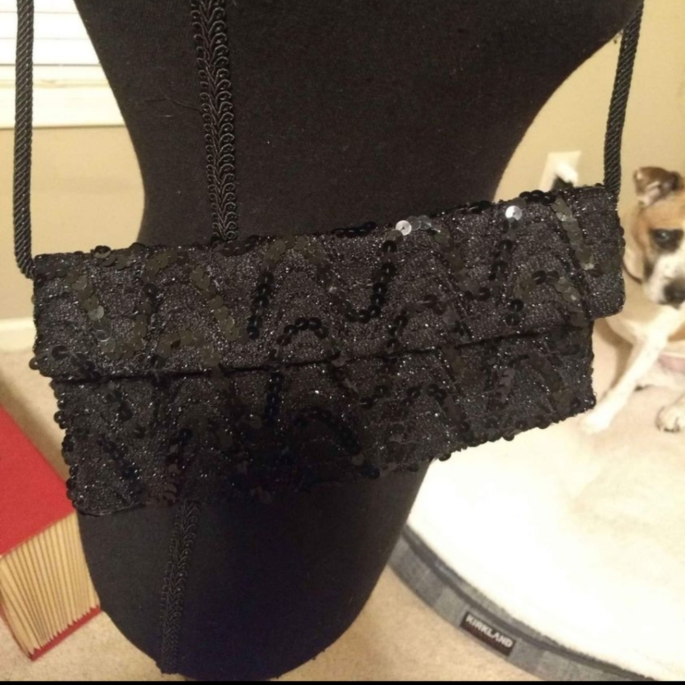 Beautiful Black Sequins Cross Body Purse/Bag. Approximately 9.5" x 4.5".